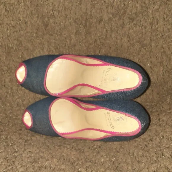 TACCETTI-Denim & Pink Patent-Peep Toe-Stiletto/Slim-Platform-Sz 37.5-Excellent - Picture 7 of 8